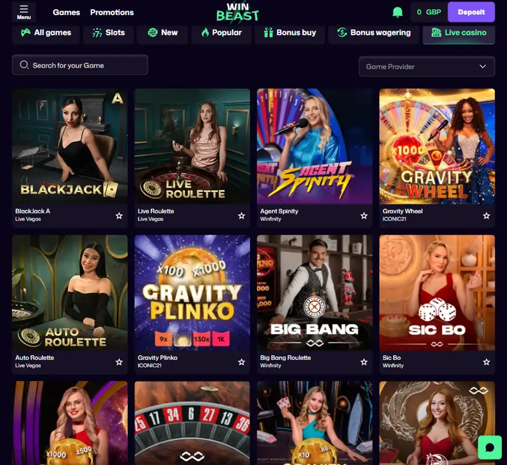 Win Beast Casino desktop live casino lobby screenshot featuring live dealer games and real-time streaming interface - review testing