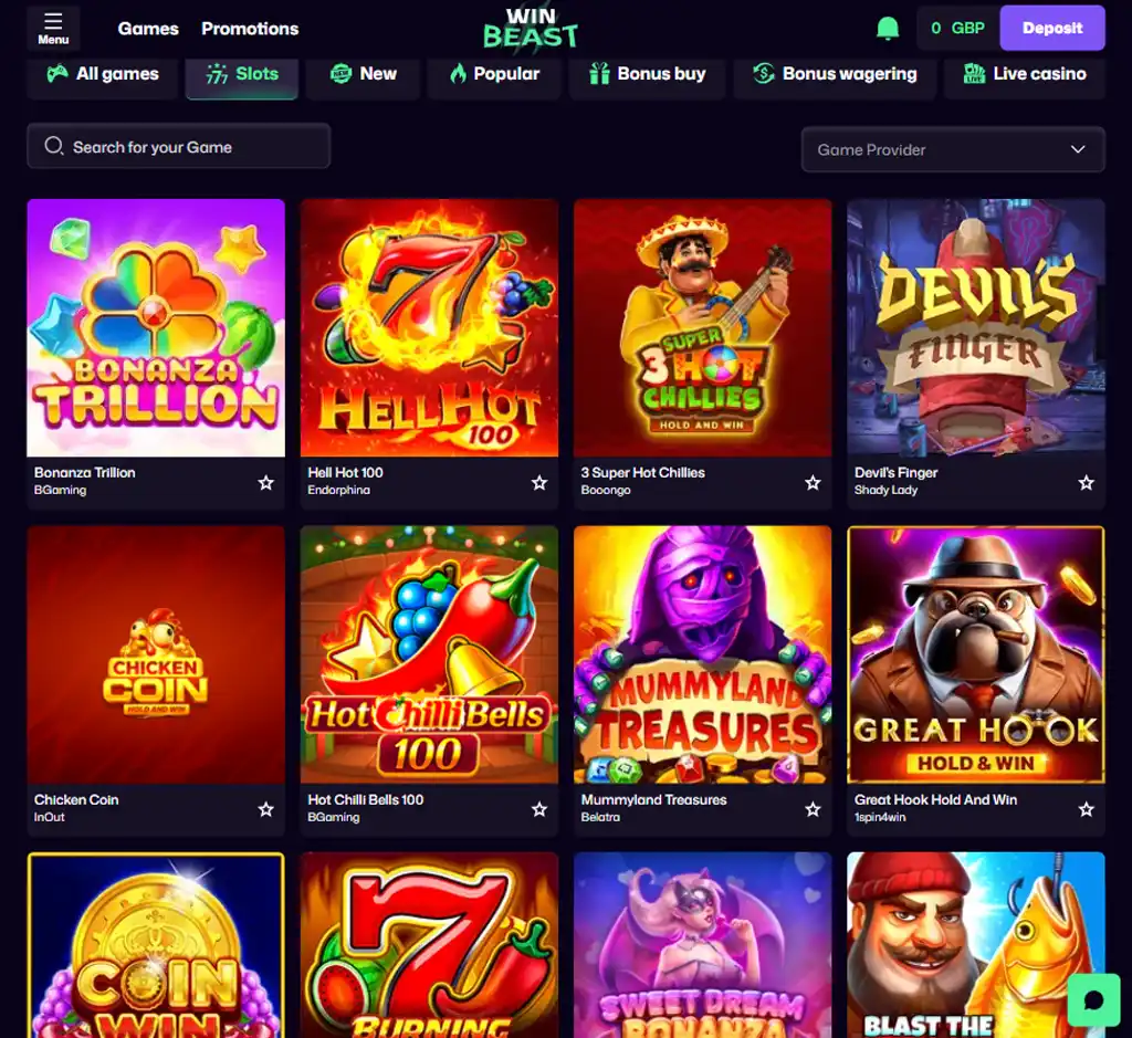Win Beast Casino desktop slots lobby screenshot presenting variety of slot games with categories and providers - verified