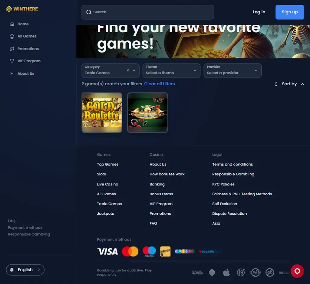 Winthere Casino desktop live casino lobby screenshot featuring live dealer games and real-time streaming interface - review testing