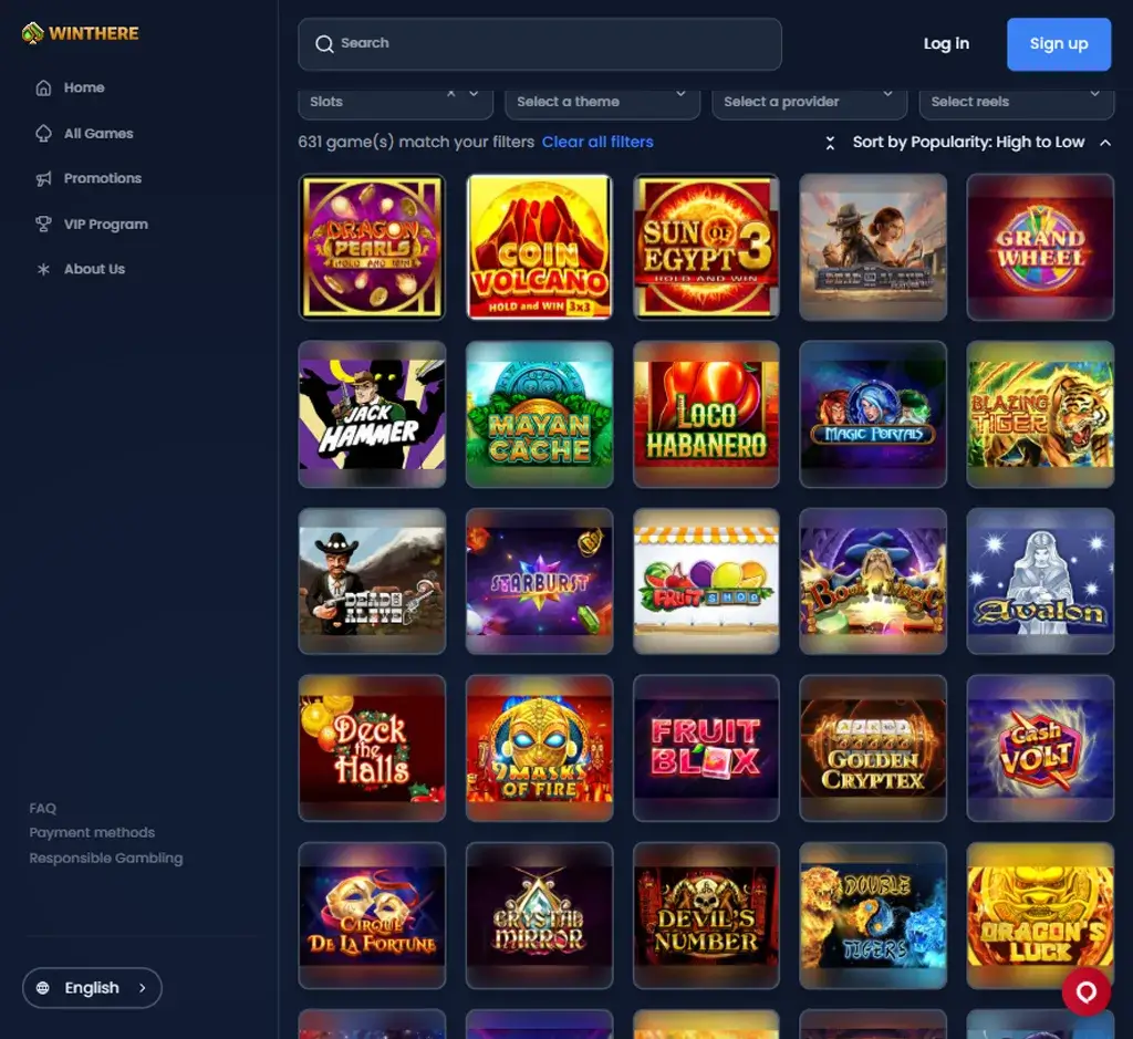 Winthere Casino desktop slots lobby screenshot presenting variety of slot games with categories and providers - verified