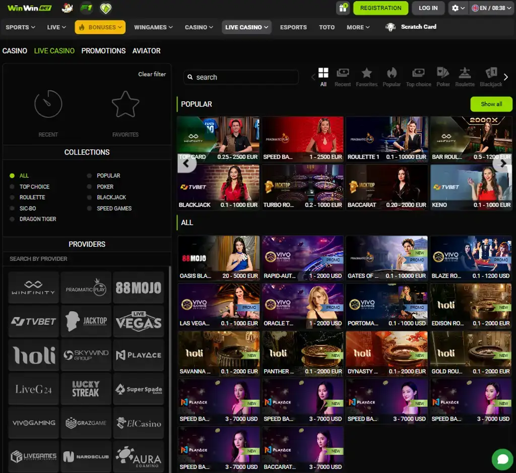 WinWin Bet desktop live casino lobby screenshot featuring live dealer games and real-time streaming interface - review testing