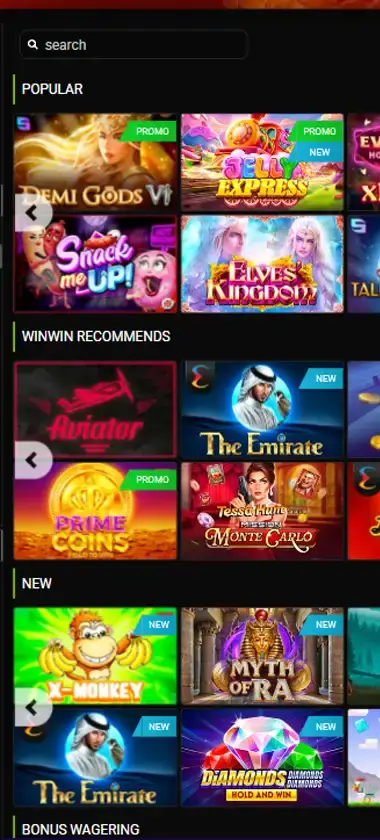 WinWin Bet mobile slots interface screenshot showing slot game selection with popular titles and filtering options - captured during platform testing