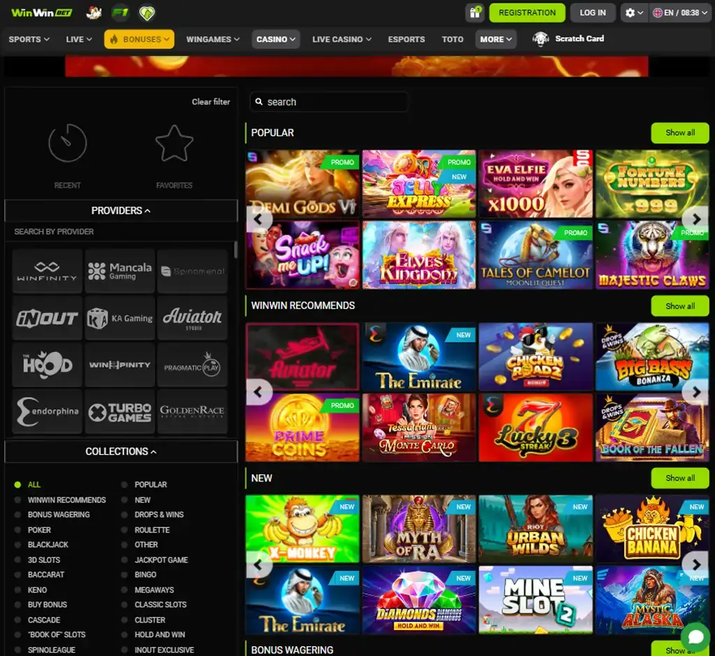 WinWin Bet desktop slots lobby screenshot presenting variety of slot games with categories and providers - verified