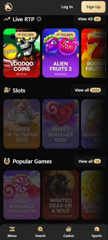 Wolf Casino mobile homepage screenshot showing main lobby with featured games and promotions - captured during platform testing
