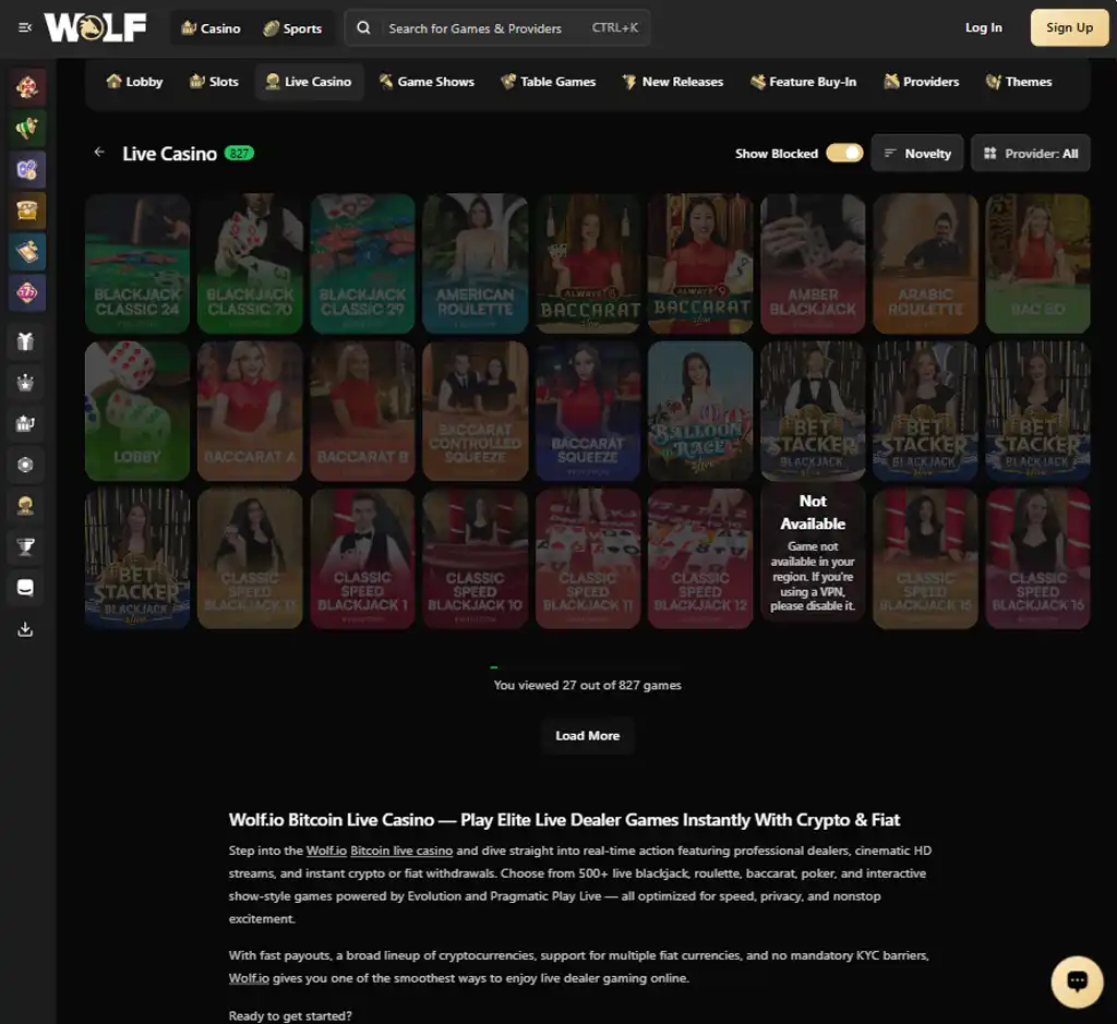 Wolf Casino desktop live casino lobby screenshot featuring live dealer games and real-time streaming interface - review testing