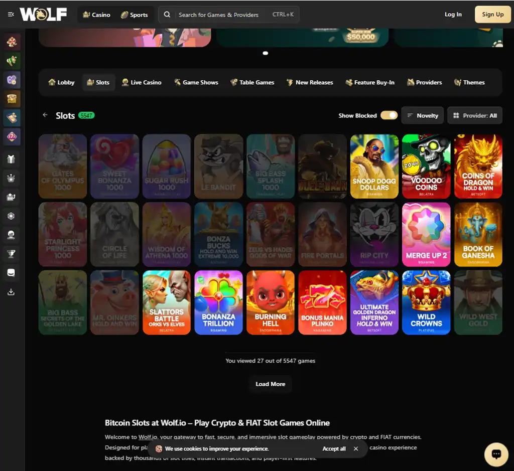 Wolf Casino desktop slots lobby screenshot presenting variety of slot games with categories and providers - verified