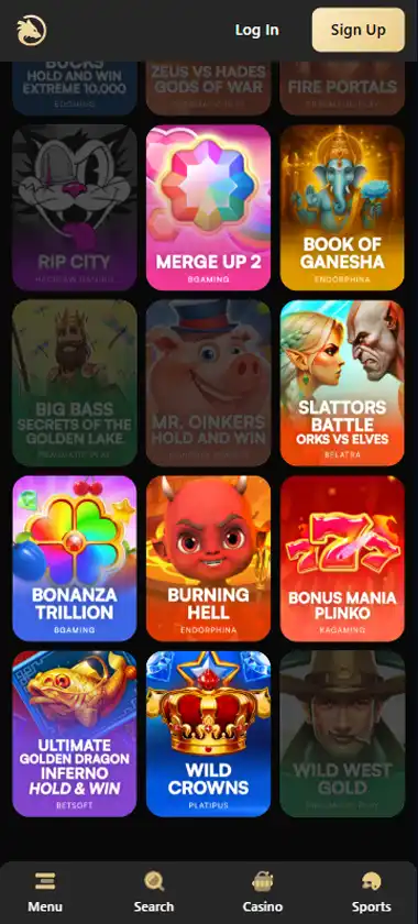Wolf Casino mobile slots interface screenshot showing slot game selection with popular titles and filtering options - captured during platform testing