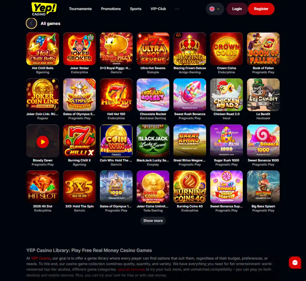 Yep Casino desktop all games lobby screenshot displaying full game library with categories and providers - tested