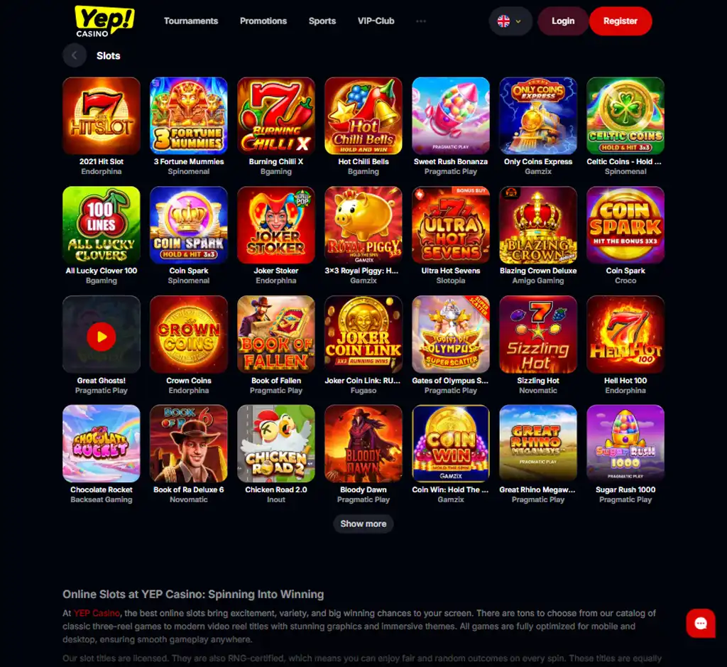 ep Casino desktop slots lobby screenshot presenting variety of slot games with categories and providers - verified